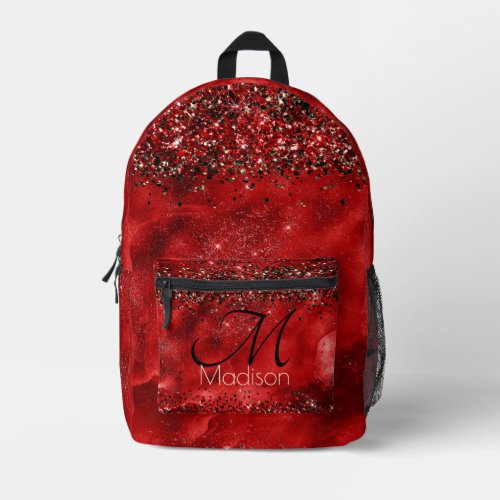 Elegant red black gold glitter monogram printed backpack