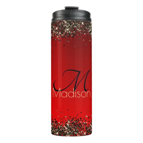  Elegant red black gold glitter monogram Thermal Tumbler