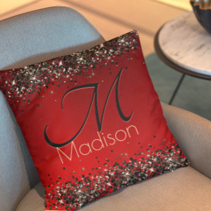  Elegant red black gold glitter monogram Throw Pillow
