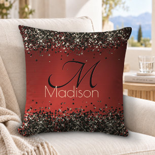 Elegant red black gold glitter monogram Throw Pillow