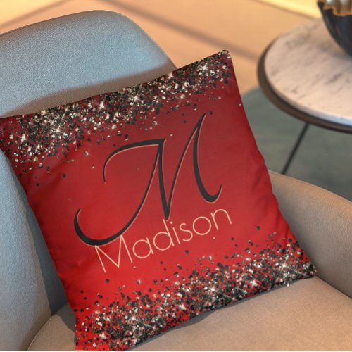  Elegant red black gold glitter monogram Throw Pillow