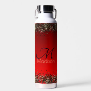  Elegant red black gold glitter monogram Water Bottle