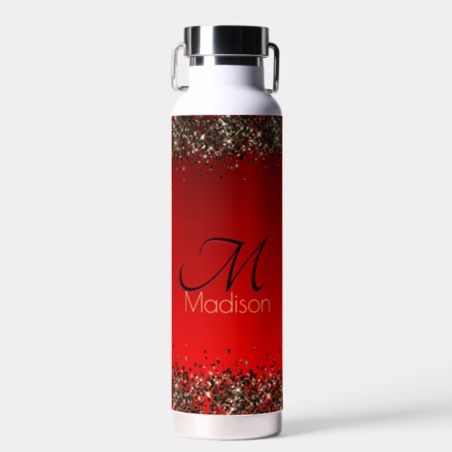  Elegant red black gold glitter monogram Water Bottle