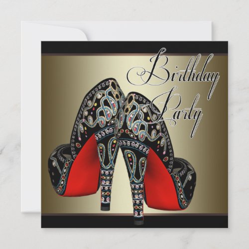 Elegant Red Black Gold High Heels Birthday Party Invitation