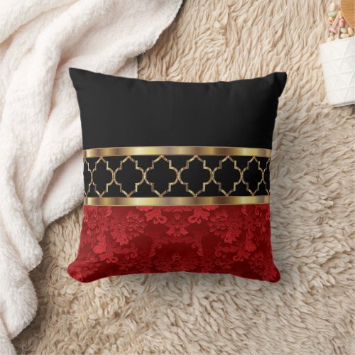 Elegant Red Black  Gold Quatrefoil Pattern Throw Pillow