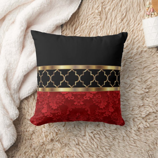 Elegant Red, Black & Gold Quatrefoil Pattern Throw Pillow (Blanket)