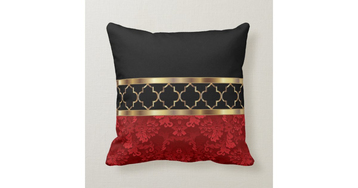 Elegant Red, Black & Gold Quatrefoil Pattern Throw Pillow
