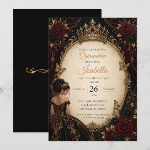 Elegant Red Black Gold Quinceañera Invitation