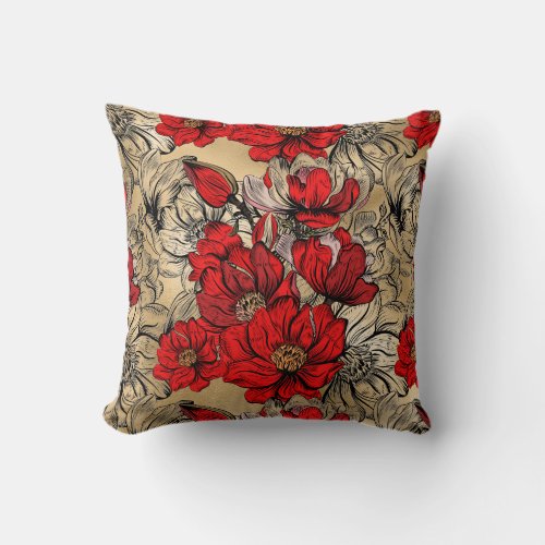 Elegant Red Black Gold Rose Flower pattern Throw Pillow