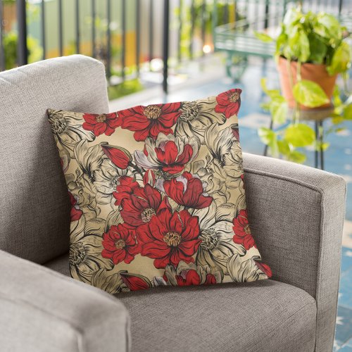 Elegant Red Black Gold Rose Flower pattern Throw Pillow