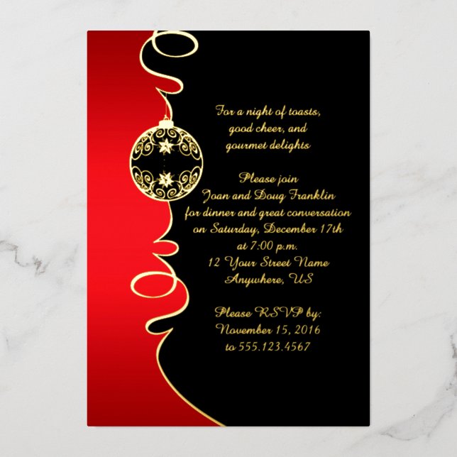 Elegant Red Black Gold Swirls Christmas Party  Foil Invitation (Front)
