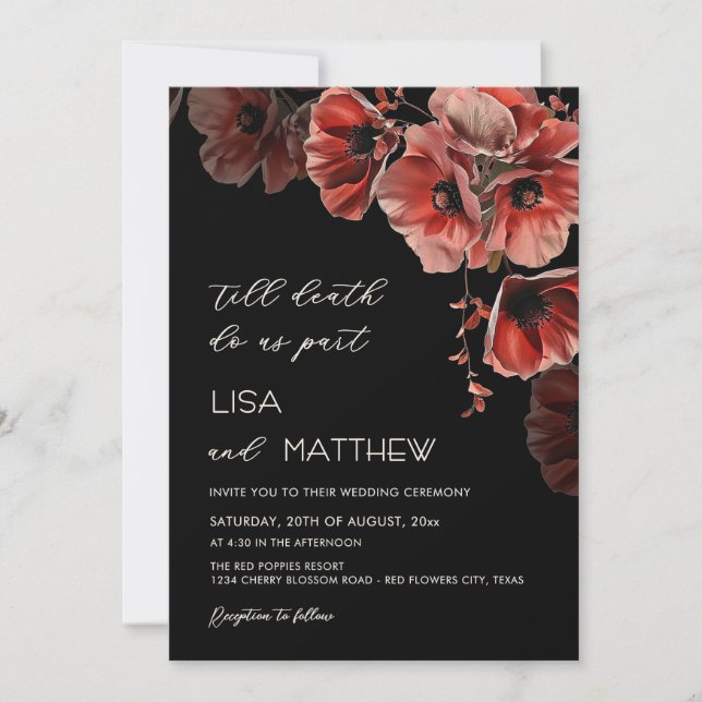 Elegant Red Black Goth Wedding Invitation (Front)