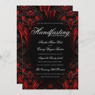 Elegant Red & Black Gothic Damask Handfasting Invitation
