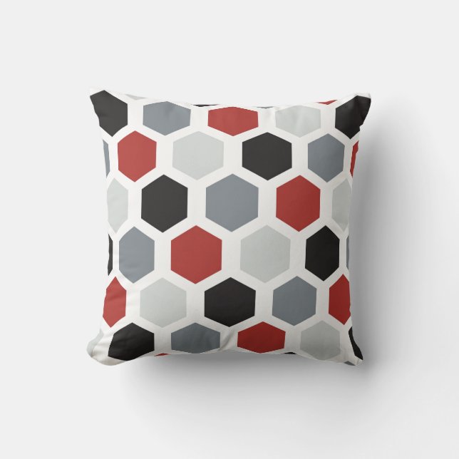 Elegant Red, Black & Gray Hexagon Pattern Throw Pillow (Front)