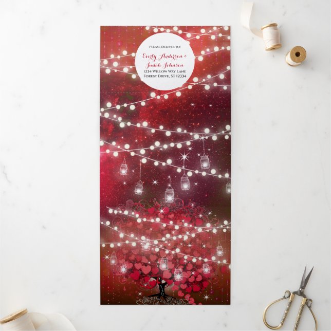 Elegant Red & Black Heart Leaf Wedding Tri-Fold Invitation (Outside)