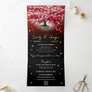 Elegant Red & Black Heart Leaf Wedding Tri-Fold Invitation