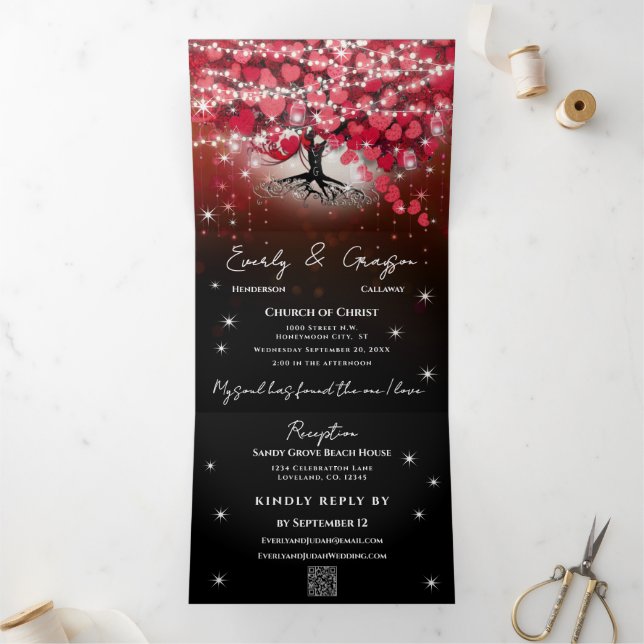Elegant Red & Black Heart Leaf Wedding Tri-Fold Invitation (Inside)