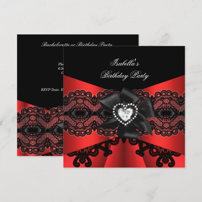 Elegant Red Black Lace Diamond Bow Birthday Party Invitation (Front/Back)