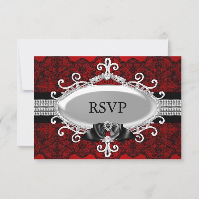 Elegant Red Black Lace & Jewel Bow RSVP Invitation (Front)