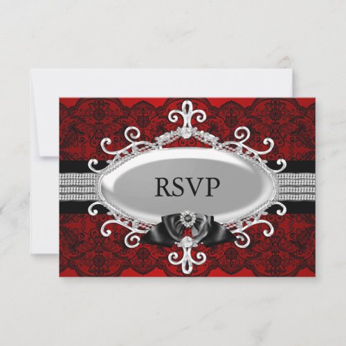 Elegant Red Black Lace  Jewel Bow RSVP Invitation