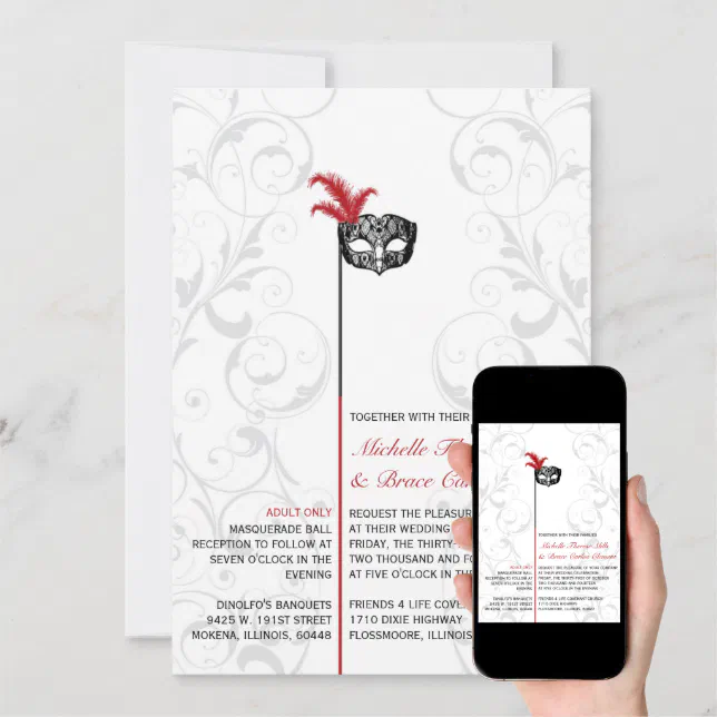 Elegant Red Black Masquerade Wedding Invitations | Zazzle