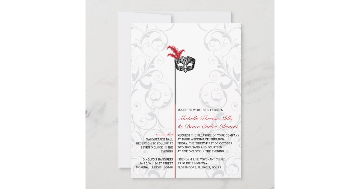 Elegant Red Black Masquerade Wedding Invitations | Zazzle