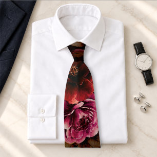 Elegant Red Black Moody Floral Formal Wedding Neck Tie