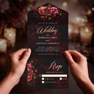 Elegant red black moody floral wedding  all in one invitation