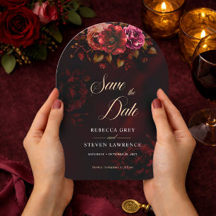 Elegant red black moody floral wedding arched save the date