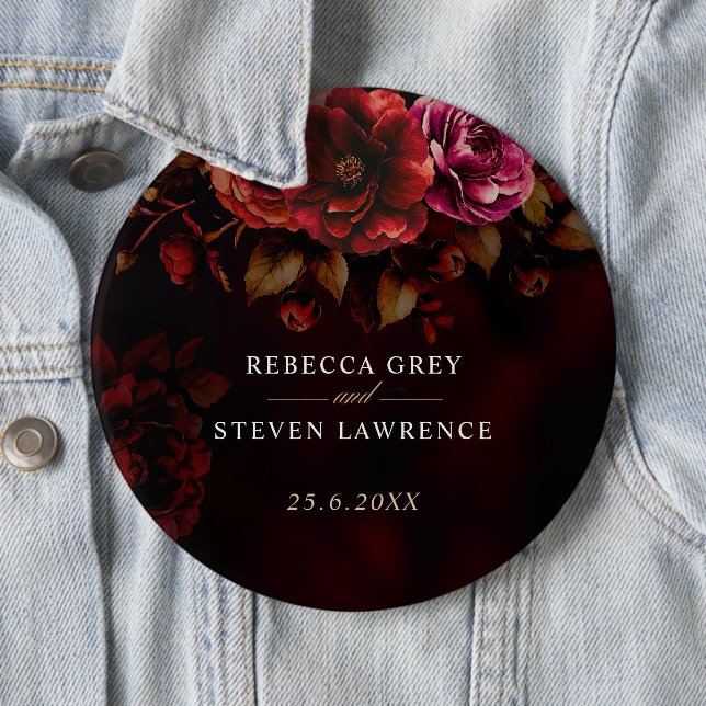Elegant red black moody floral wedding  button (In Situ)