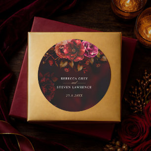 Elegant red black moody floral wedding  classic round sticker