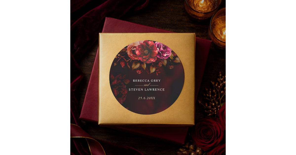 Elegant red black moody floral wedding classic round sticker | Zazzle