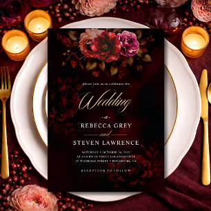 Elegant red black moody floral wedding  invitation