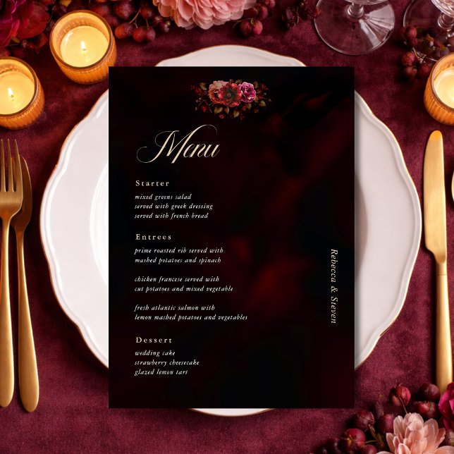 Elegant red black moody floral wedding  menu (Creator Uploaded)