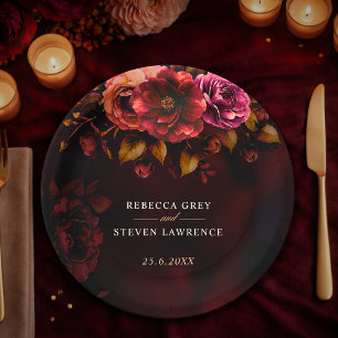 Elegant red black moody floral wedding paper plates