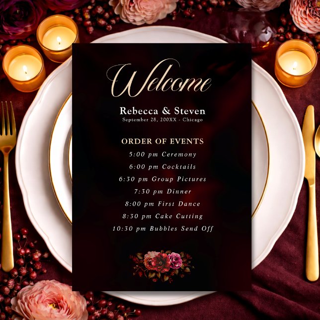 Elegant red black moody floral wedding  program (Creator Uploaded)