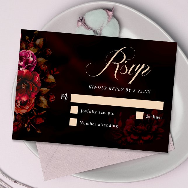 Elegant red black moody floral wedding  RSVP card (Creator Uploaded)