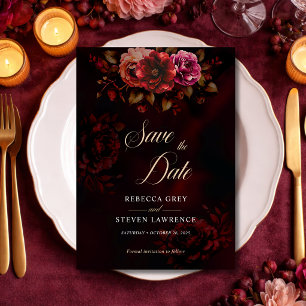 Elegant red black moody floral wedding  save the date
