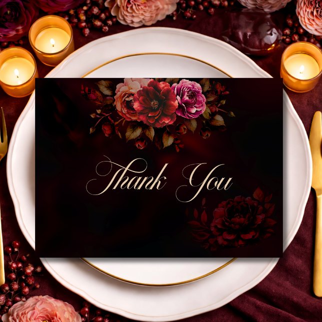 Elegant red black moody floral wedding  thank you card (Creator Uploaded)