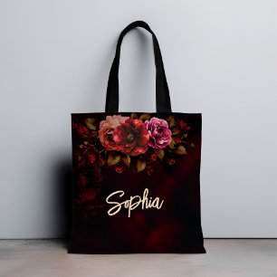 Elegant red black moody floral wedding tote bag