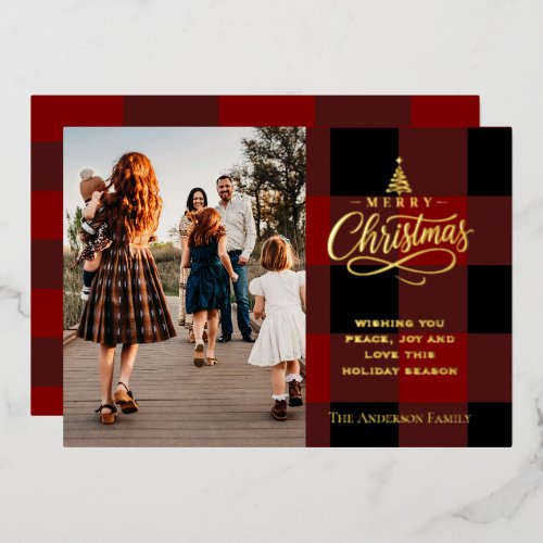 Elegant  Red & Black Plaid Family Photo Christmas Foil Holiday Card