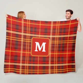 Elegant Red Black Plaid Monogram Custom Fleece Blanket