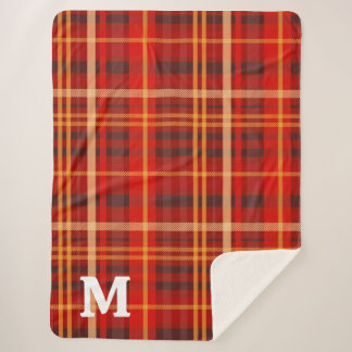 Elegant Red Black Plaid Monogram Custom Sherpa Blanket