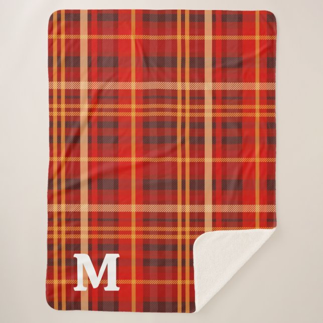 Elegant Red Black Plaid Monogram Custom  Sherpa Blanket (Front)