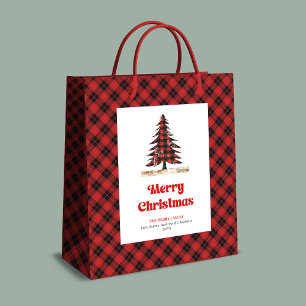 Elegant red black plaid tree gift bag personalized