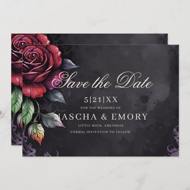 Elegant Red & Black Roses Gothic Wedding Save The Date (Front/Back)