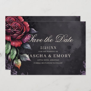 Elegant Red & Black Roses Gothic Wedding Save The Date