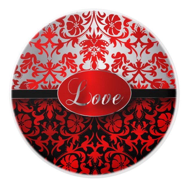 Elegant Red, Black, Silver Damask Ceramic Knob (Front)