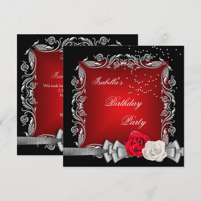 Elegant Red Black Silver Rose Birthday Party Invitation (Front/Back)