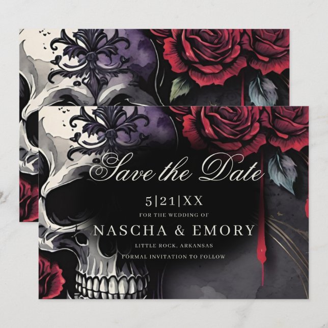 Elegant Red & Black Skull Roses Gothic Wedding Save The Date (Front/Back)